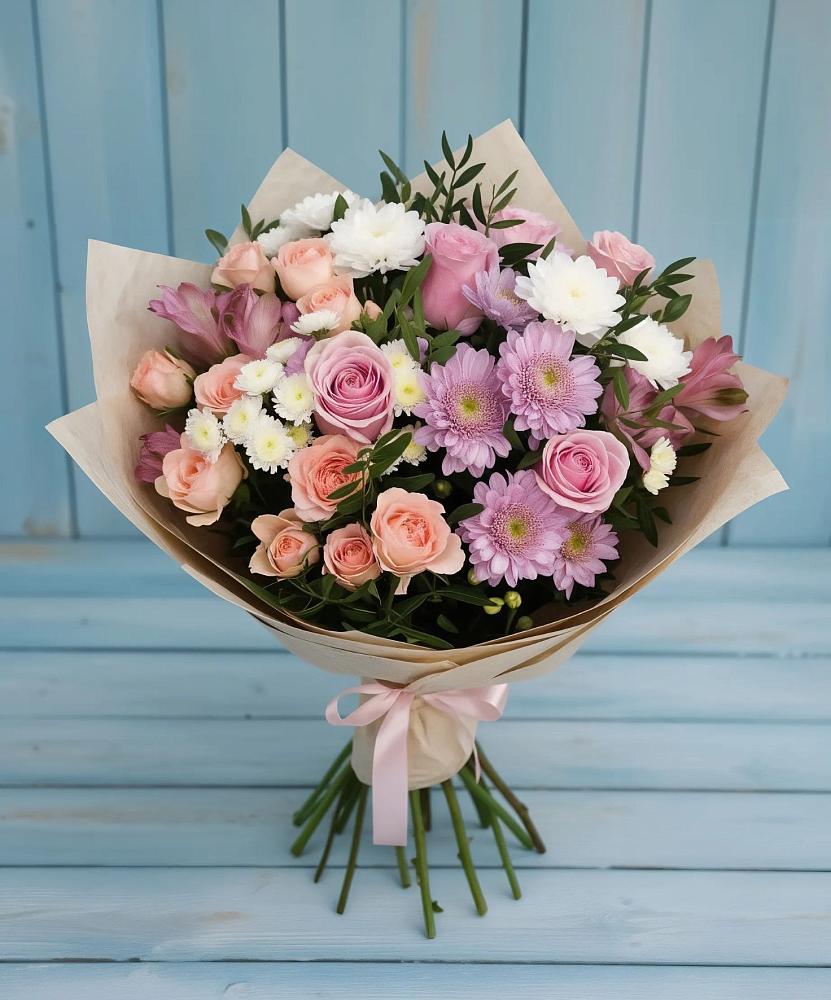 Букет цветов из: Хризантемы, Розы и Альстромерии в Теплоозерске