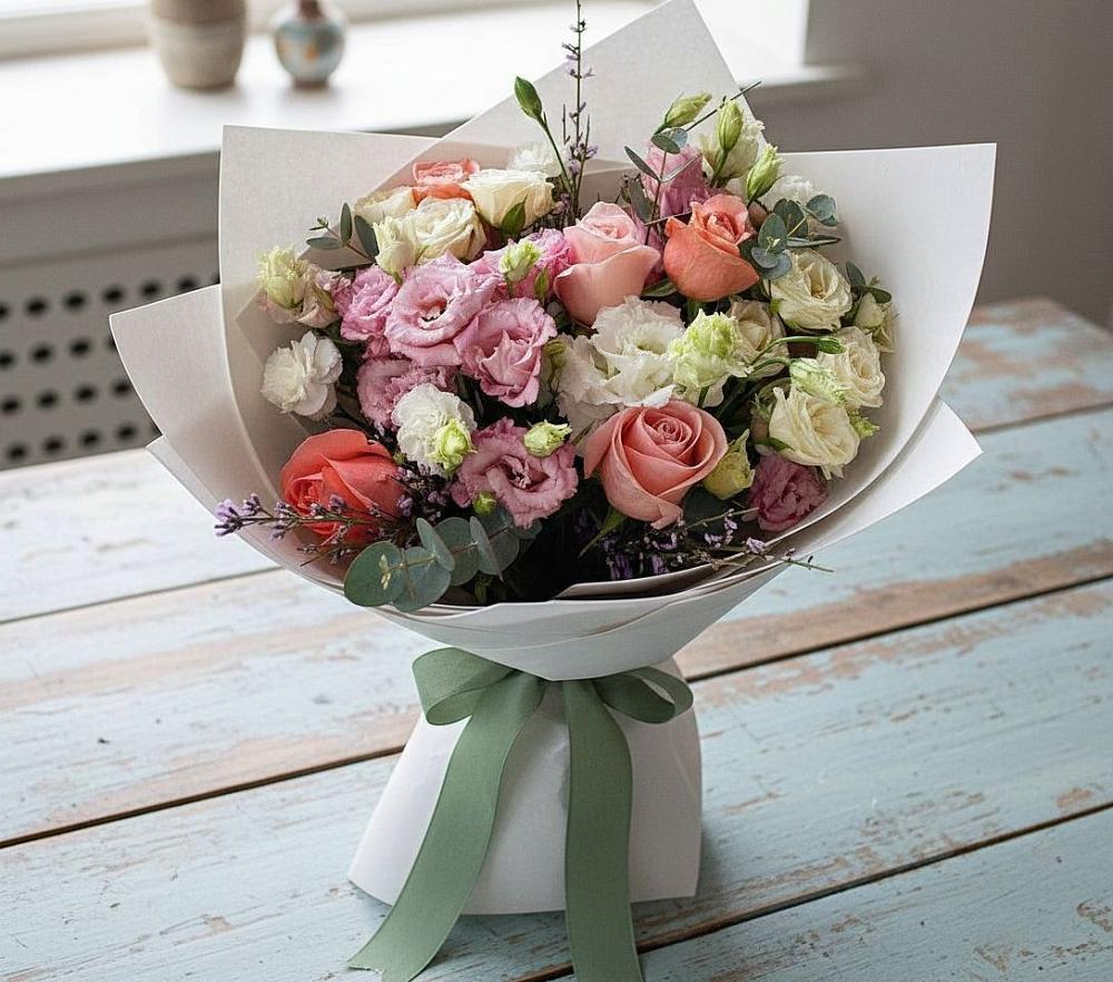 Букет цветов из: Розы, Лизиантусы и Гвоздики в Теплоозерске