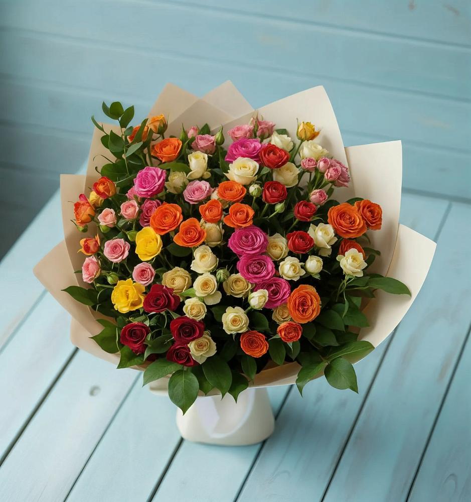 Букет Микс из разноцветных кустовых роз в Теплоозерске