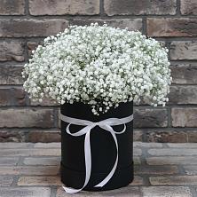 Цветочная композиция из Гипсофила в шляпной коробке в Теплоозерске
