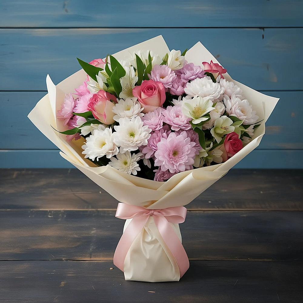 Букет цветов из: Хризантемы, Альстромерии и Розы в Теплоозерске